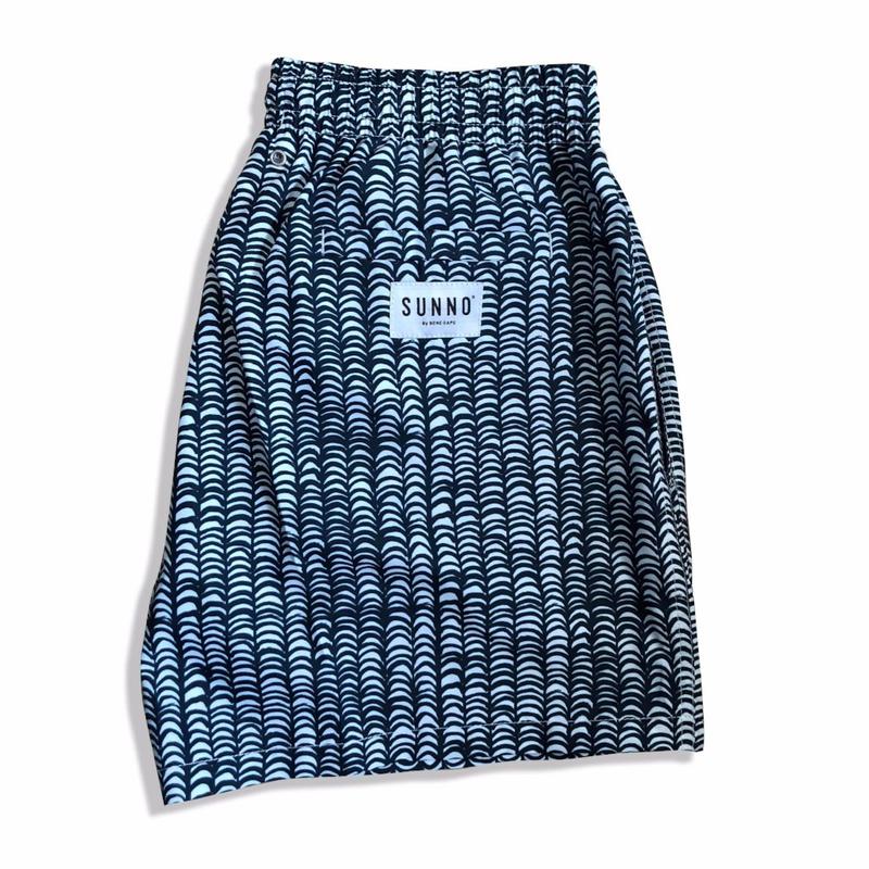 Mens printed navy blue and white swim short.