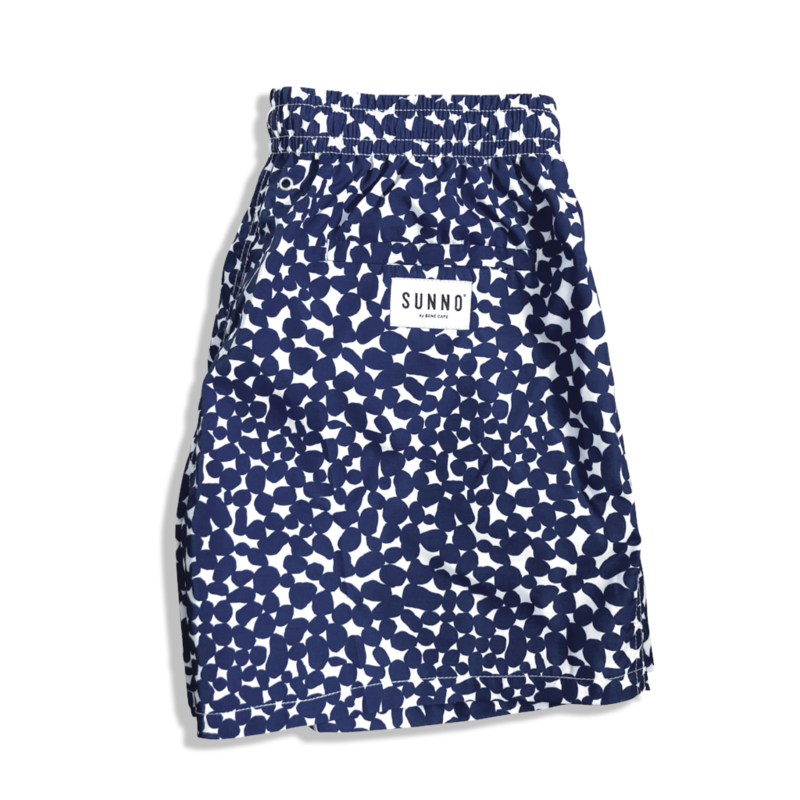 Men's navy blue printed swim short. Sunno by Bene Cape.